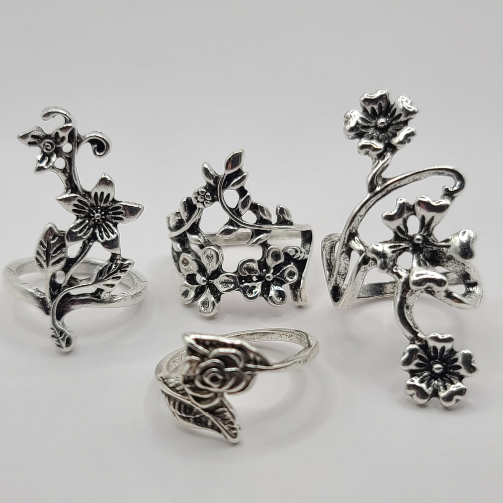 Flower Antiqued Silver Tone Ring Set of 4 Vintage Style Statement Ring | 4 pcs